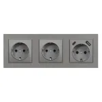 Priză dublă Leziter Nova III cu împământare, USB-A/USB-C și ramă gri