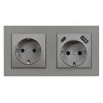 Priză Leziter Nova 16A cu împământare, USB-A/USB-C, cadru gri