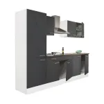 Mobilă de bucătărie Leziter Yorki 270 cm, alb cu front antracit satinat, dulap cu raft