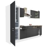 Mobilă de bucătărie Leziter Yorki 280 cm, alb cu front antracit satinat, coloană frigider