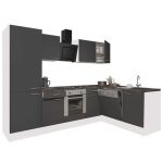 Mobilă de bucătărie de colț Leziter Yorki 280 cm, alb cu front antracit satinat, cu dulap rafturi