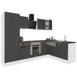 Mobilă de bucătărie de colț Leziter Yorki 280 cm, alb cu front antracit satinat, cu dulap rafturi