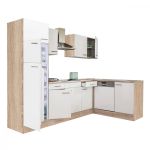 Mobilă bucătărie colț Leziter Yorki 280 cm, stejar Sonoma/alb satinat, cu spațiu pentru frigider