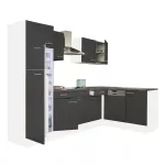 Bucătărie de colț Leziter Yorki 280 cm, alb cu front antracit satinat, cu frigider