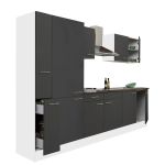 Bucătărie modulară Leziter Yorki 300 cm, corp alb, front antracit satinat, cu dulap cu raft