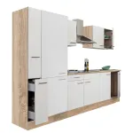 Mobilă de bucătărie Leziter Yorki 300 cm, stejar Sonoma, alb satinat, dulap cu raft