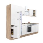 Bucătărie modulară Leziter Yorki 310 cm, stejar Sonoma și alb satinat, cu corp cuptor și modul frigider
