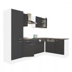 Mobilă de bucătărie pe colț Leziter Yorki 280 cm, alb cu antracit satinat, cu dulap cu raft