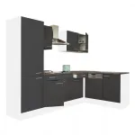Mobilă de bucătărie pe colț Leziter Yorki 280 cm, alb cu antracit satinat, cu dulap cu raft