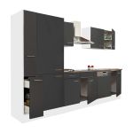 Mobilă de bucătărie Leziter Yorki 310 cm, alb cu front antracit satinat, dulap cu raft