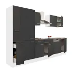 Mobilă de bucătărie Leziter Yorki 310 cm, alb cu front antracit satinat, dulap cu raft