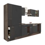 Mobilă de bucătărie Leziter Yorki 310 cm, stejar Yorki & antracit satinat, cu dulap cu raft