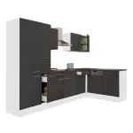 Mobilă de bucătărie de colț Leziter Yorki 310 cm, alb cu antracit satinat, cu dulap cu raft