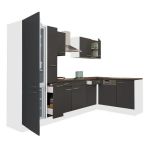 Mobilă bucătărie de colț Leziter Yorki 310 cm alb/antracit, cu frigider sub blat