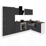 Mobilă de bucătărie de colț Leziter Yorki 310 cm, alb cu antracit satinat, cu corp cuptor și dulap cu raft