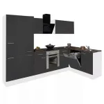 Mobilă de bucătărie de colț Leziter Yorki 310 cm, alb cu antracit satinat, cu corp cuptor și dulap cu raft