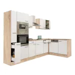 Mobilă de bucătărie de colț Leziter Yorki 310 cm, stejar Sonoma, front alb satinat