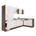 Mobilă de bucătărie de colț Leziter Yorki 310 cm, stejar Yorki și alb satinat, cu dulap tip cămară