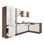 Bucătărie modulară de colț Yorki 310 cm, stejar Yorki și alb satinat, cu loc pentru frigider