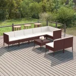 Set mobilier de grădină cu perne, 9 piese, maro, poliratan GartenMobel Dekor