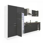 Mobilă de bucătărie Leziter Yorki 330 cm, alb cu fronturi antracit satinat, cu dulap rafturi