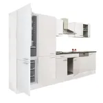 Mobilă de bucătărie Leziter Yorki 340 cm, alb satinat, cu dulapuri și coloană frigider