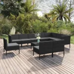 Set mobilier de grădină cu perne, 11 piese, negru, poliratan GartenMobel Dekor