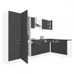 Bucătărie de colț Yorki 340 cm, alb/antracit satinat, cu cămară și spațiu frigider