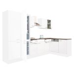 Bucătărie de colț Leziter Yorki 340 cm, alb satinat, cu dulap rafturi și coloană frigider