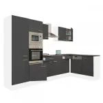 Mobilă de bucătărie de colț Yorki 340 cm, alb/antracit satinat, cu dulap și rafturi