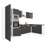 Mobilă bucătărie de colț Yorki 340 cm, alb cu fronturi antracit satinat, cu frigider