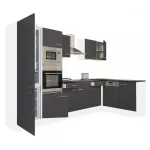 Mobilă bucătărie de colț Yorki 340 cm, alb cu fronturi antracit satinat, cu frigider