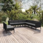 Set mobilier de grădină cu perne, 9 piese, negru, poliratan GartenMobel Dekor