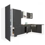 Bucătărie de colț Leziter Yorki 370 cm, corp alb, front antracit satinat, cu cămară și spațiu frigider