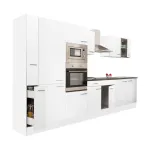 Mobilă de bucătărie Leziter Yorki 360 cm, alb satinat, set modular cu dulapuri și raft