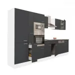 Mobilă de bucătărie modulară Leziter Yorki 370 cm, alb cu front antracit satinat, cu dulap cu raft