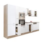 Bucătărie modulară Leziter Yorki 370 cm, stejar sonoma și alb satinat, cu dulap raft