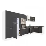 Dulap bucătărie de colț Leziter Yorki 430, alb cu front antracit satinat, cu frigider