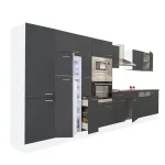 Mobilă de bucătărie modulară Leziter Yorki 430 cm, alb/antracit satinat, cu corp frigider
