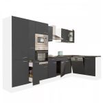Mobilă de bucătărie de colț Yorki 370 cm, alb cu front antracit satinat, cu dulap cu raft