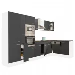 Mobilă de bucătărie de colț Yorki 370 cm, alb cu front antracit satinat, cu dulap cu raft