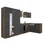 Mobilă de bucătărie de colț Yorki 370 cm, stejar Yorki, antracit satinat, cu cămară și spațiu frigider