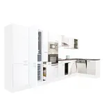 Mobilă de bucătărie de colț Leziter Yorki 430 cm, alb satinat, cu frigider sub blat