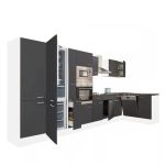 Mobilă de bucătărie de colț Leziter Yorki 430 cm, alb/antracit, cu frigider