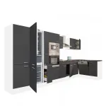 Mobilă de bucătărie de colț Leziter Yorki 430 cm, alb/antracit, cu frigider