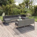 Set mobilier de grădină cu perne, 11 piese, gri, poliratan GartenMobel Dekor