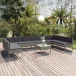 Set mobilier de grădină cu perne, 11 piese, gri, poliratan GartenMobel Dekor
