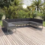 Set mobilier de grădină cu perne, 9 piese, gri, poliratan GartenMobel Dekor
