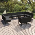 Set mobilier de grădină cu perne, 12 piese, negru, poliratan GartenMobel Dekor