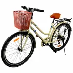 Bicicletă de oraș pentru damă 26 inch, 7 viteze, coș și portbagaj, crem